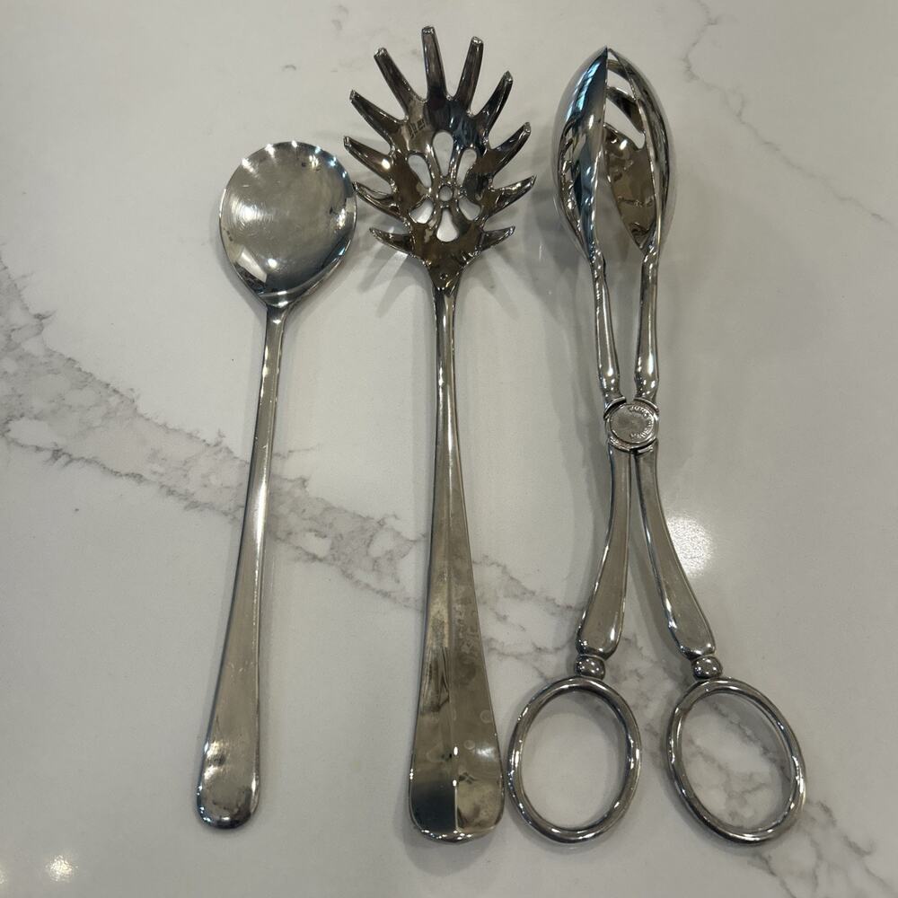 International Silver Silver Plated Set of 3 Serving Spoons Salad Tongs - Picture 11 of 16